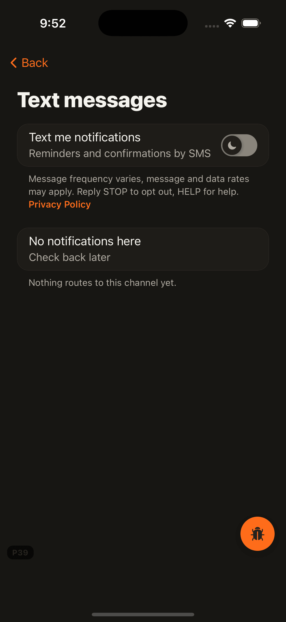 Fadehaus app Settings, Notifications, Text messages screen showing the Text me notifications toggle and the line: Message frequency varies, message and data rates may apply. Reply STOP to opt out, HELP for help, with a link to the Privacy Policy