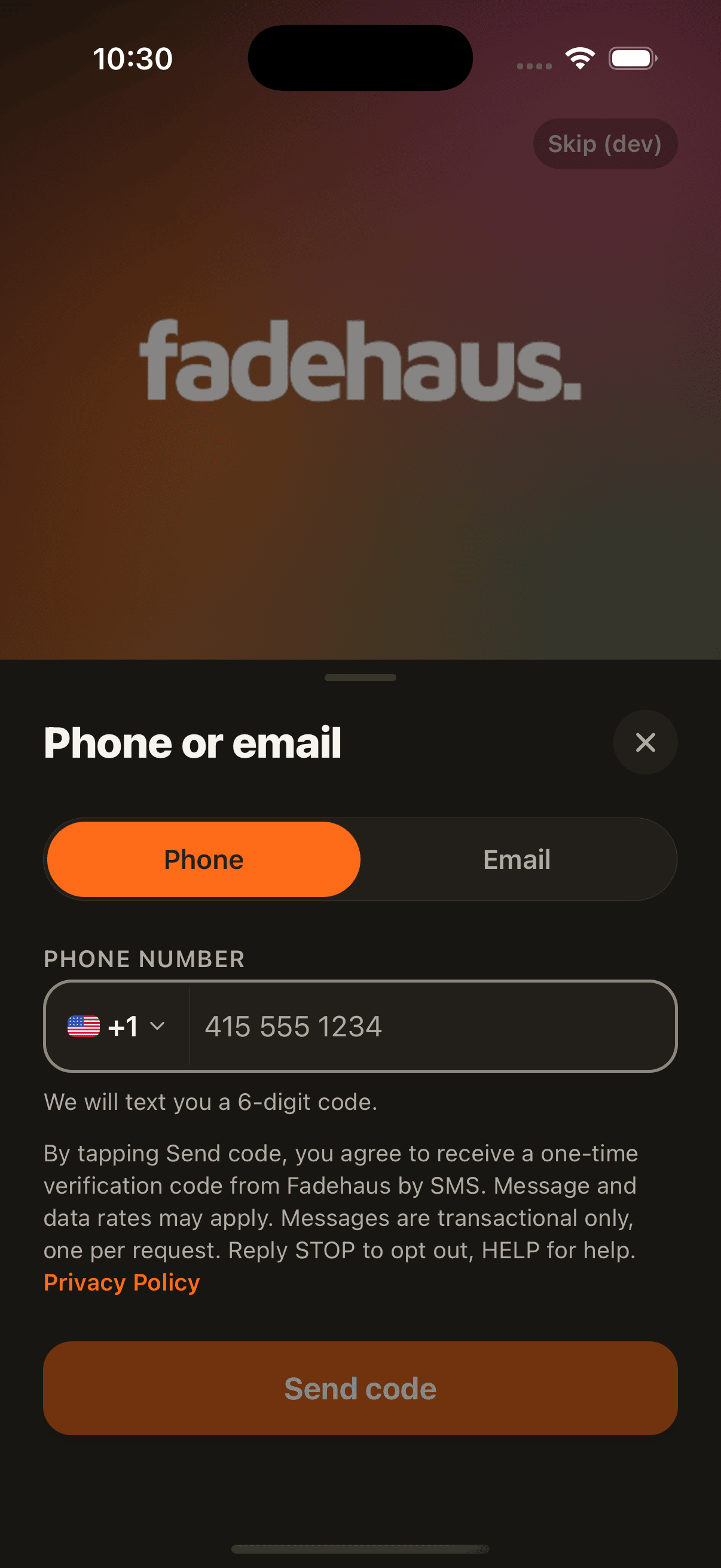 Fadehaus app sign-in screen: enter your phone number, with the notice: By tapping Send code, you agree to receive a one-time verification code from Fadehaus by SMS. Message and data rates may apply. Messages are transactional only, one per request. Reply STOP to opt out, HELP for help. Includes a Privacy Policy link.